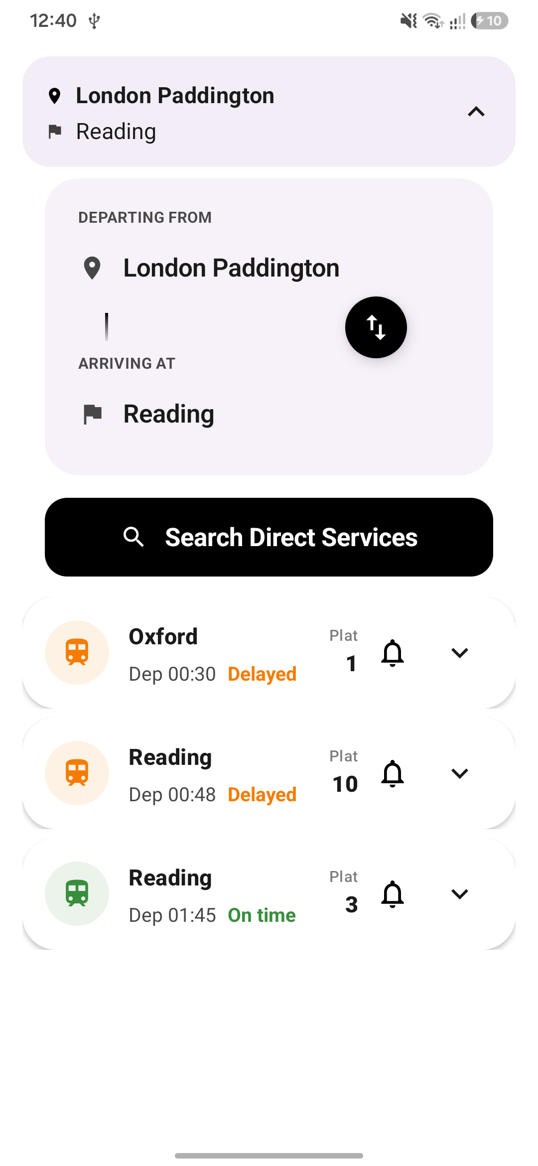 Transit Mate journey planning screen