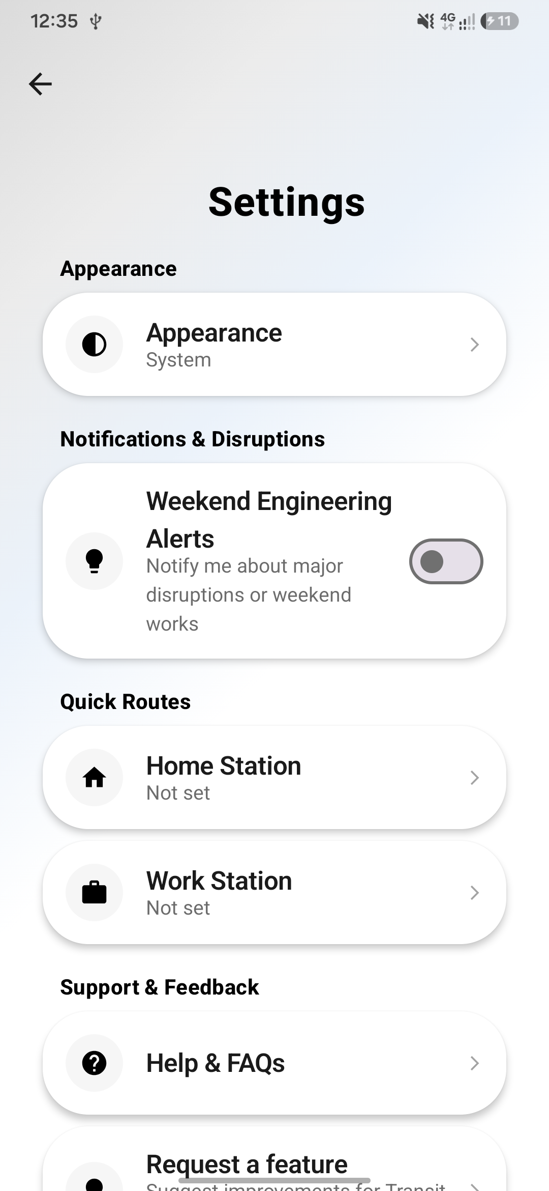 Transit Mate settings screen